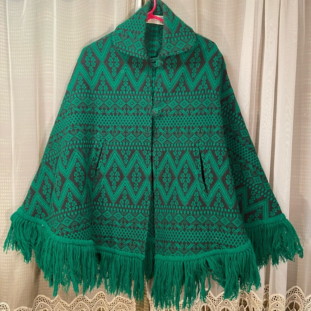 Vintage Alpaca Bright Green and Black Aztec Pattern Poncho Jacket with Fringe